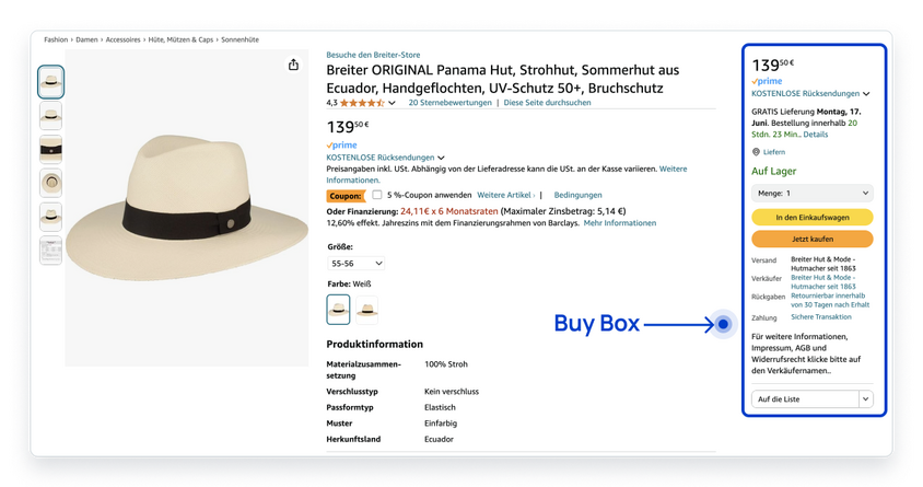 Die Amazon Buy Box ist das Feld auf der rechten Seite der Amazon-Produktseite, das den Verkaufsprozess einleitet.