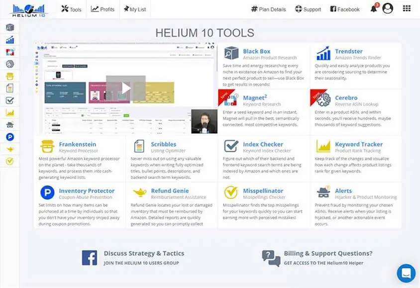 Das Dashboard von Helium 10, einem weiteren Amazon-Analyse-Tool
