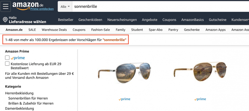 L'algorithme Amazon influence considérablement la recherche, par exemple de ces lunettes de soleil.