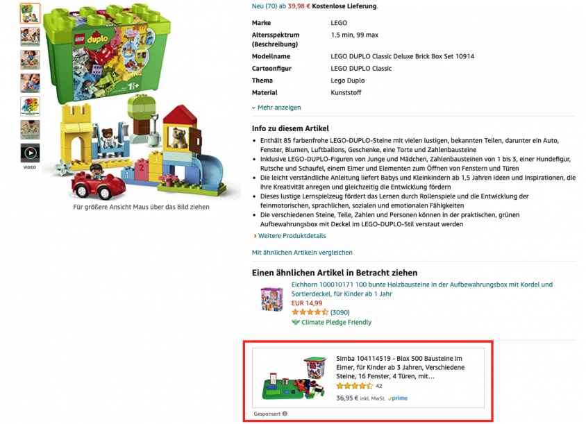 Спецификации рекламных объявлений Amazon: Пример 1 - показан под ключевыми моментами