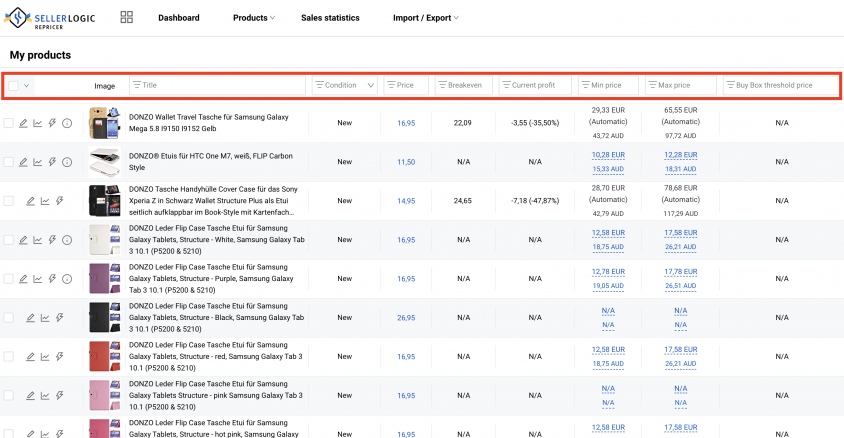 SELLERLOGIC Repricer は新機能を持っています: グリッド内の新しいフィールド